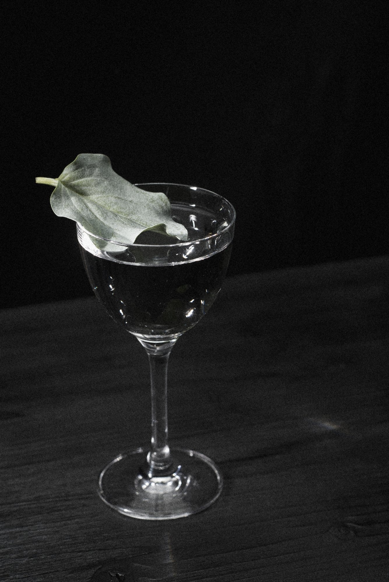 Klarer Drink mit Blatt als Garnitur, Bar am Steinplatz
