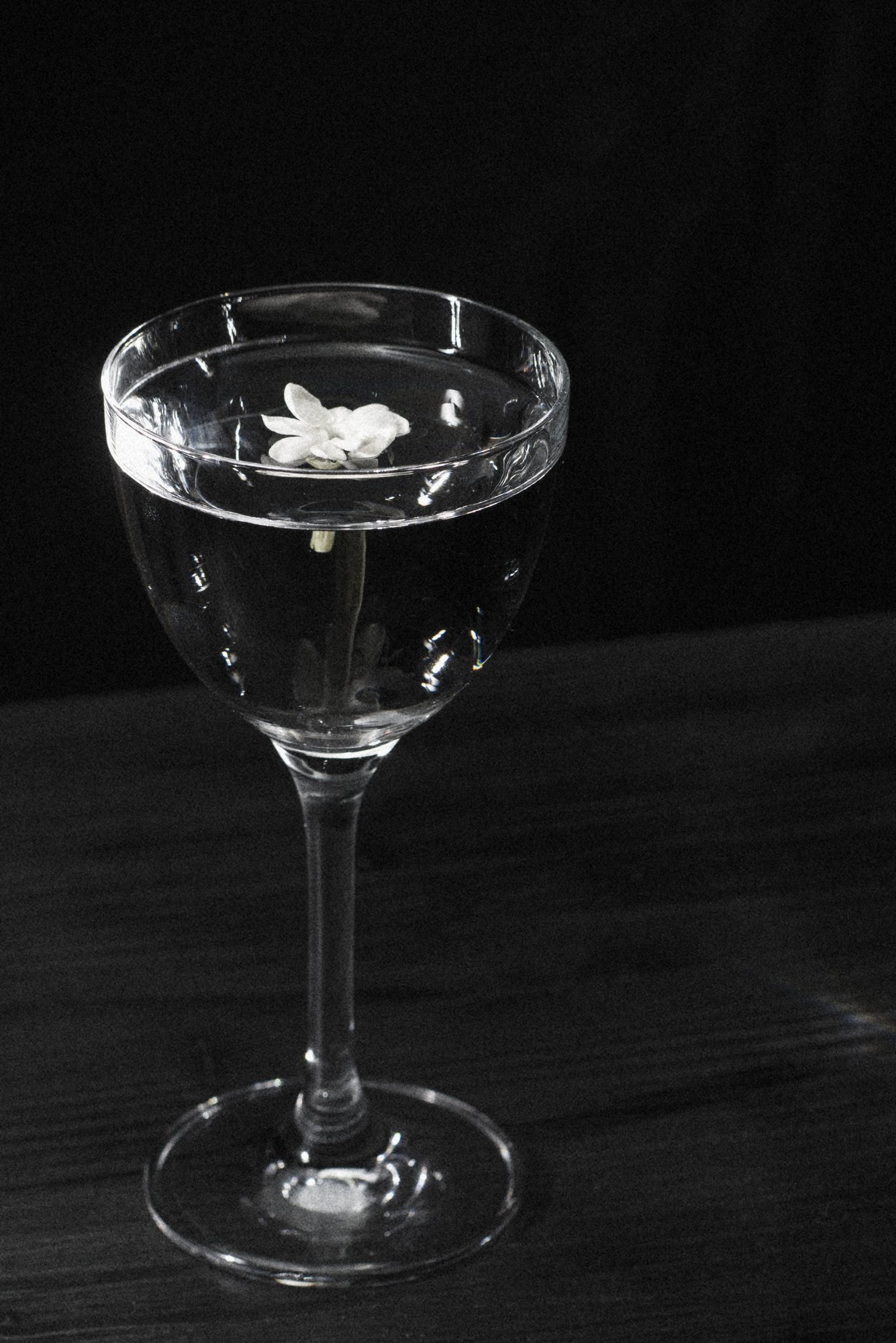 Klarer Drink mit Blüte als Garnitur, Bar am Steinplatz